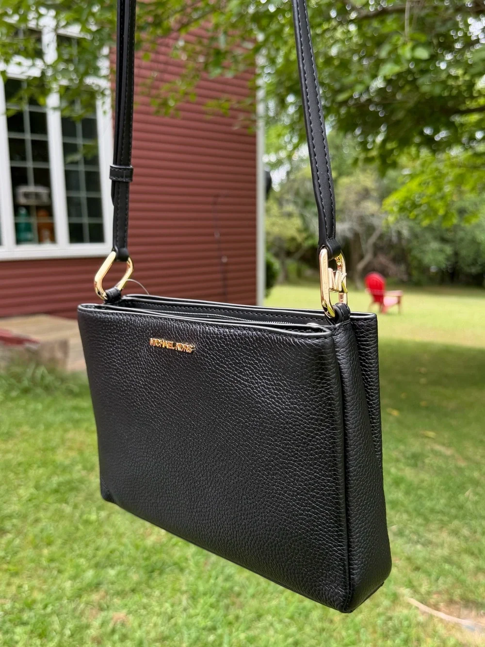 Michael Kors Trisha Medium Pebbled Leather Crossbody Bag Black NWT